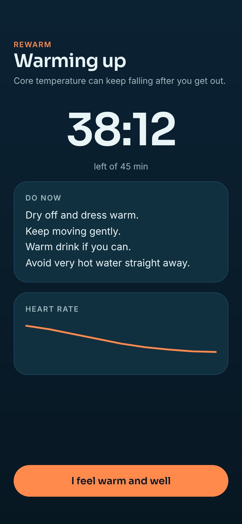 Design preview of the iPhone rewarm screen with a 45 minute timer and simple steps.