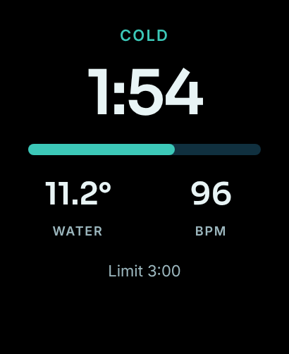 Design preview of the Apple Watch cold screen showing 1:54, water 11.2°C and 96 beats per minute.