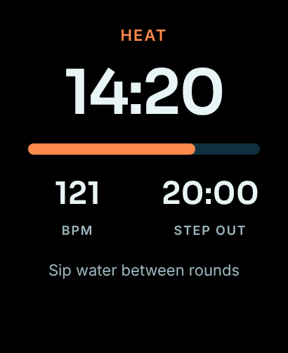Design preview of a future Apple Watch heat screen: 14:20 in the sauna, heart rate 121 and a step out time of 20:00.